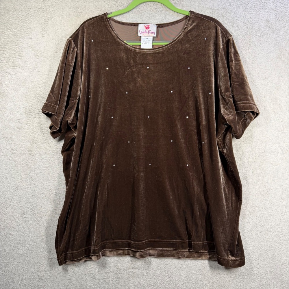 Quacker Factory Velvet Top Women 2X Brown Rhinestone Sparkle Short Sleeve Tee